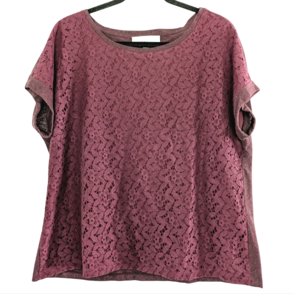 ANN TAYLOR LOFT Lace Overlay Front SHIRT TOP Short Sleeves Burgundy Size Large L